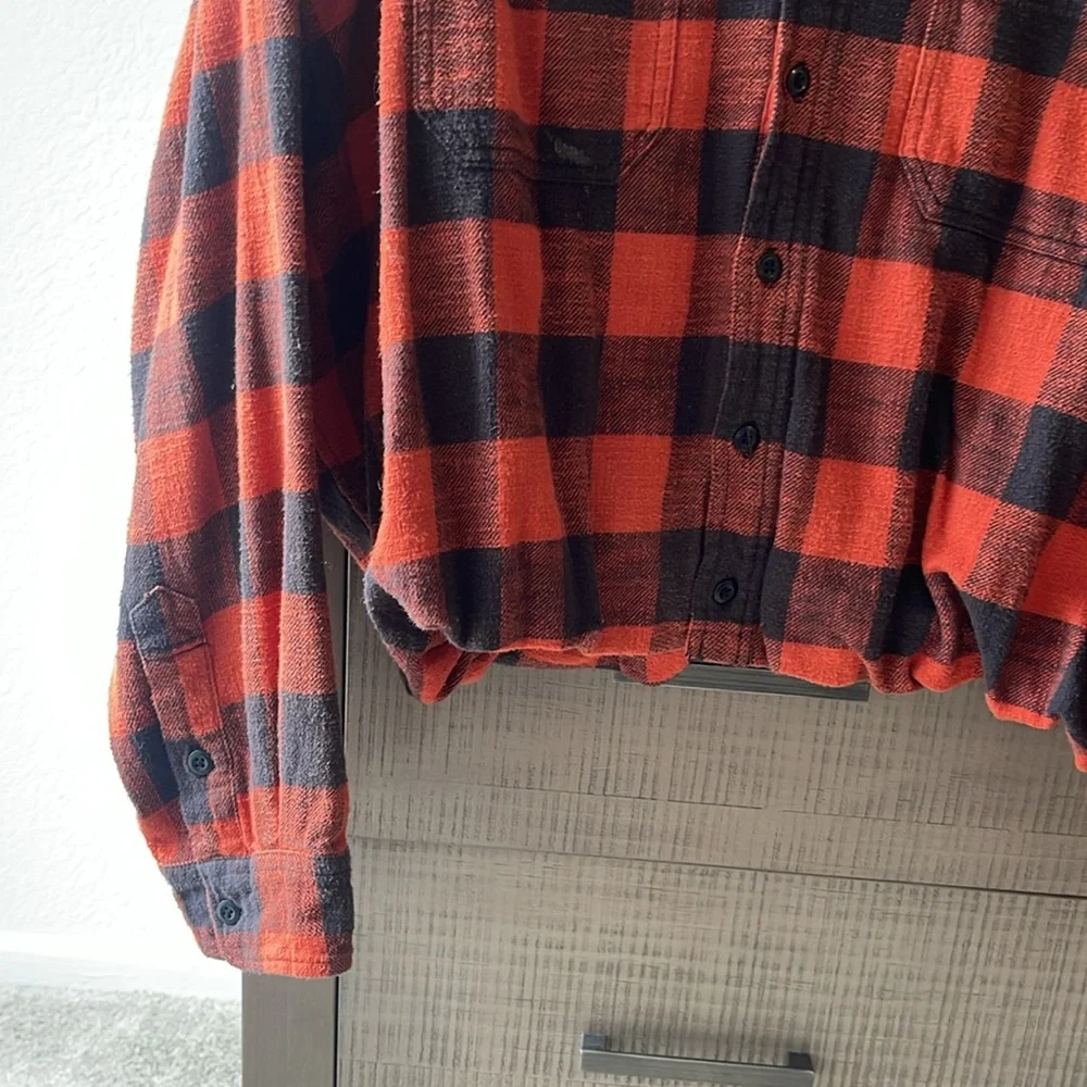 R13 Red and Black Buffalo Plaid Cropped Button-Up Shirt - Picture 3 of 14